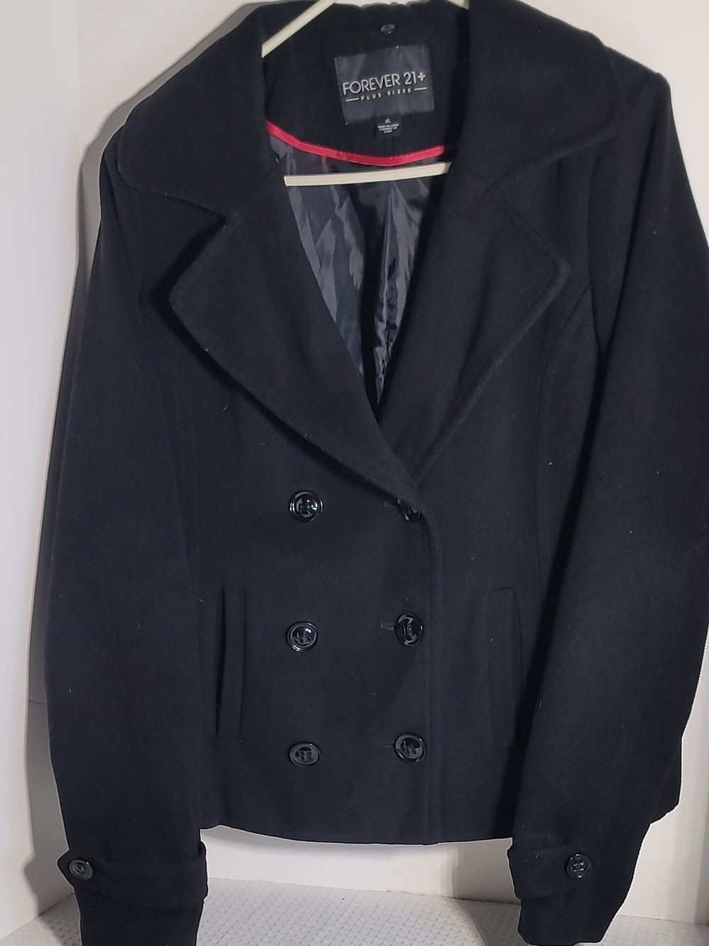 Forever 21 Black Double-Breasted Pea Coat with Notch Lapel